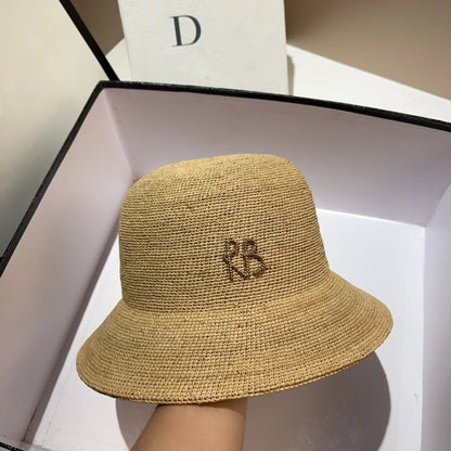 New Designer Raffia Straw Bucket Hat Women Beach Hat Female Korean Travel Sun Protection Breathable Fisherman Hat