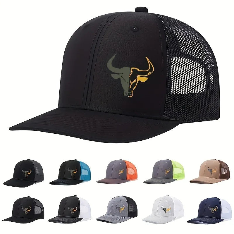 Unisex Baseball Cap Adjustable Outdoor Sports Bull Head Print Mesh Breathable Breathable Net Cap Trucker Hat