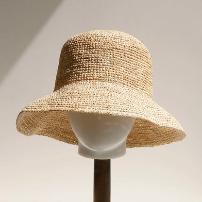 2026 New Raffia Straw Bucket Hat Women Summer Bikini Beach Hat