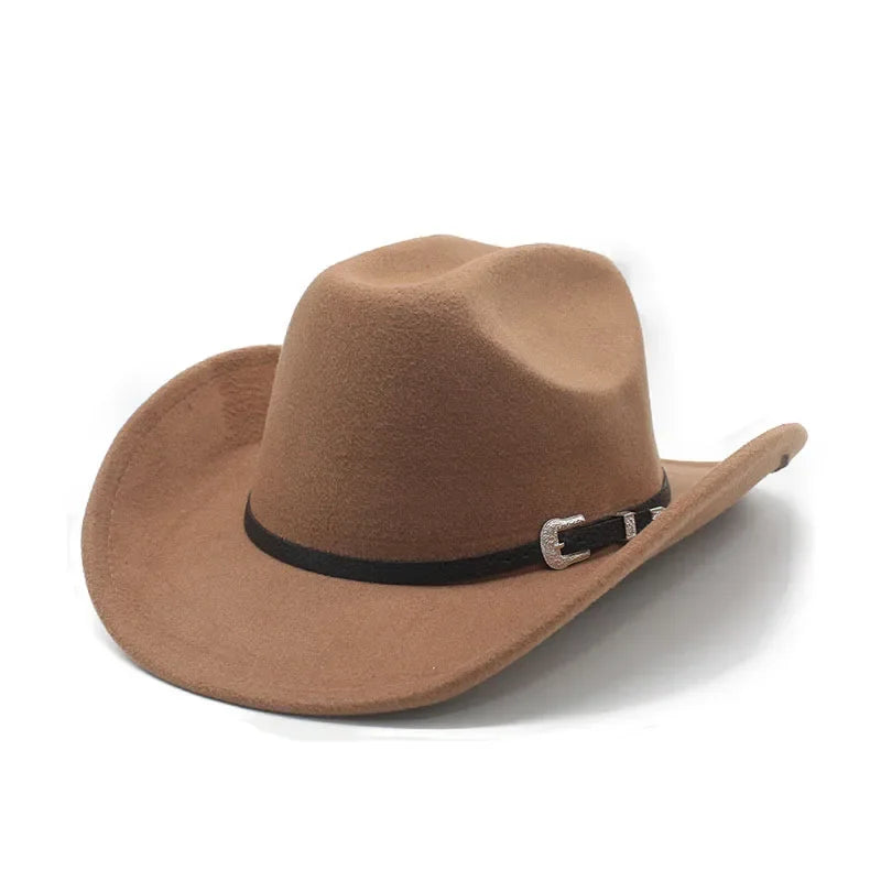 Western Punk Wool Felt Cowboy Hat, Wide Rolled Brim Fedora For Equestrian Riding