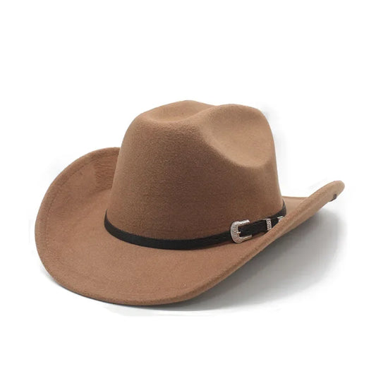 Western Punk Wool Felt Cowboy Hat, Wide Rolled Brim Fedora For Equestrian Riding