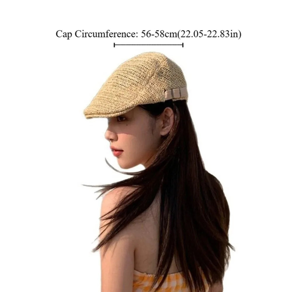 Japanese Style Hollow Straw Beret Vacation Flat Straw Newsboy Cap
