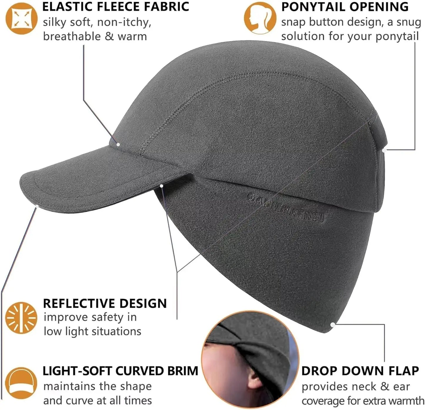 Women's Winter Reflective Fleece Ponytail Hat with Drop Down Ear Warmer Hat Baseball Cap