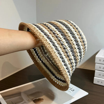 Women Summer Bucket Hat Hollow Out Knitted Fisherman Caps