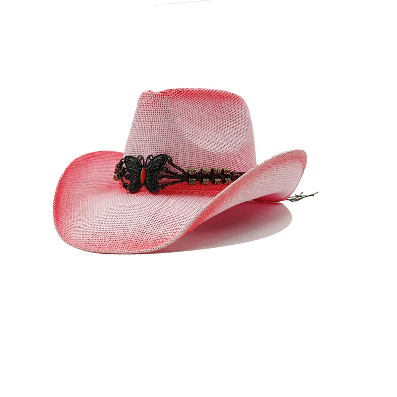 Western Thick Cowboy Hat Retro Pink Gradient Straw Hat