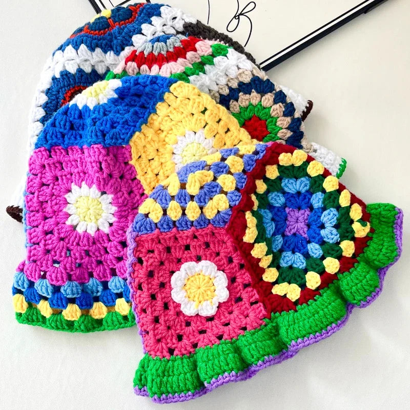 Women Muticolor Crochet Korean Handmade Bucket Hat Women Weaving Knitted Hat Y2k Fashion Flowers Autumn Cap
