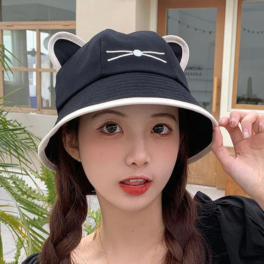 Korean Cartoon Cat Ears Women Bucket Hat Spring Summer