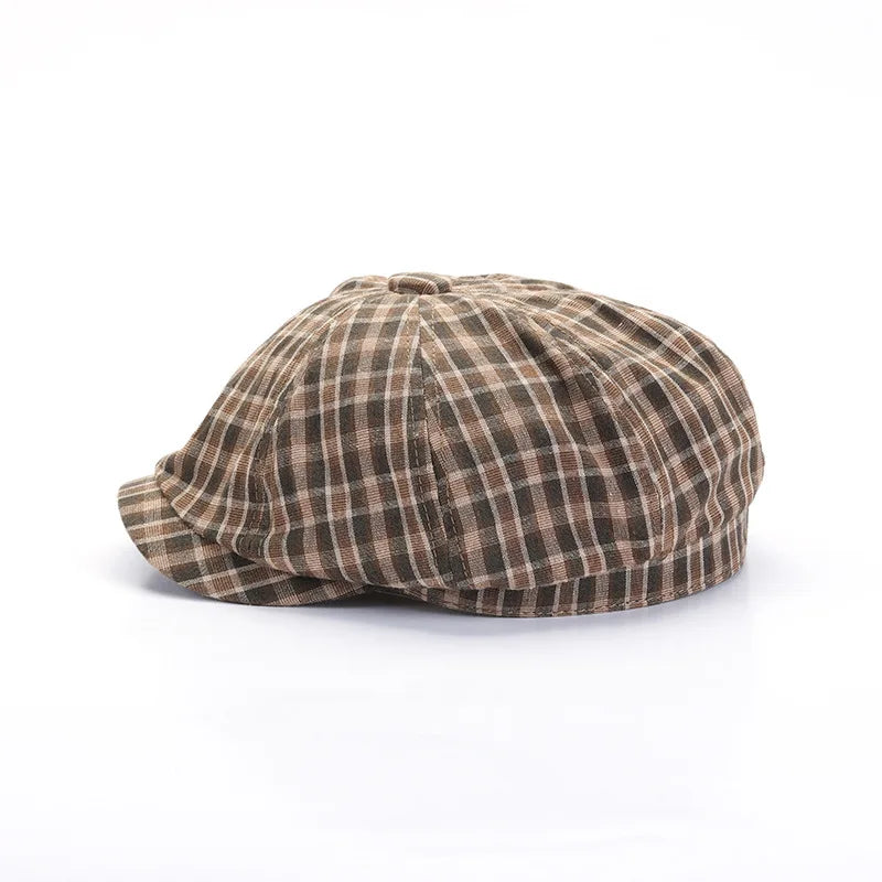 Checked Cloth Octagonal Cap Cotton Blends Plaid Men Casual Newsboy Caps