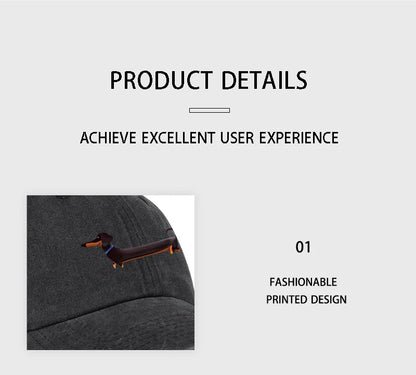 Dachshund Print Washed Baseball Cap Adorable Retro Dog Themed Style Perfect For Outdoor Walks