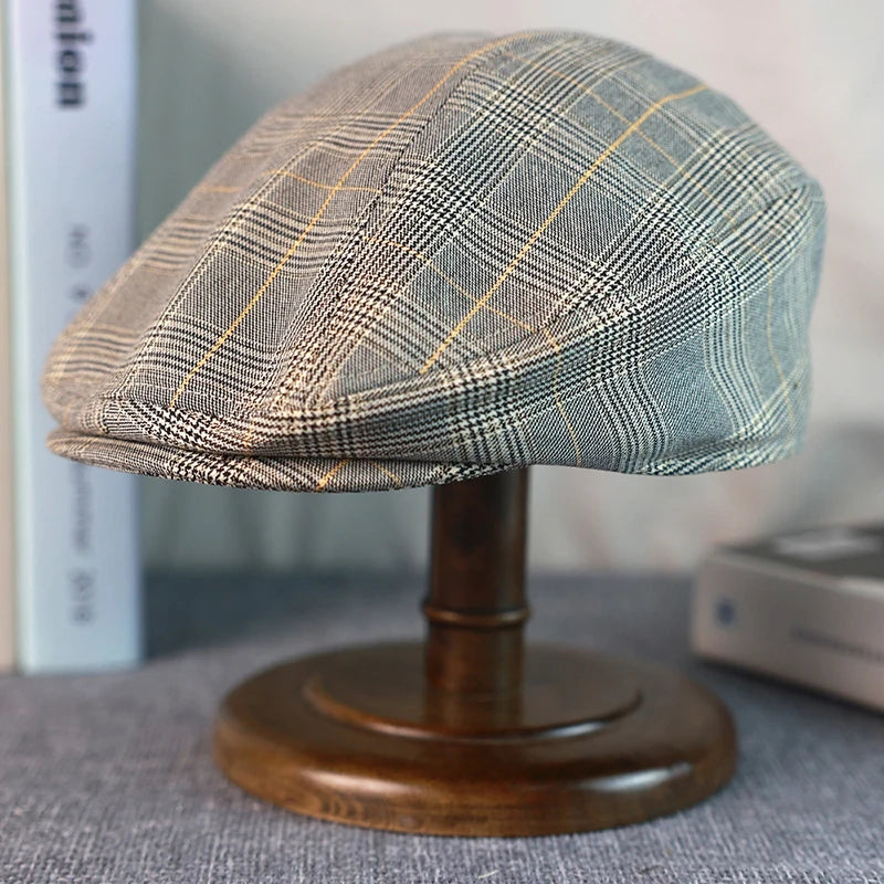 Gray Plaid Newsboy Hat Linen Cotton Women Men Ivy Cap