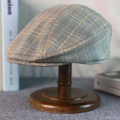 Gray Plaid Newsboy Hat Linen Cotton Women Men Ivy Cap