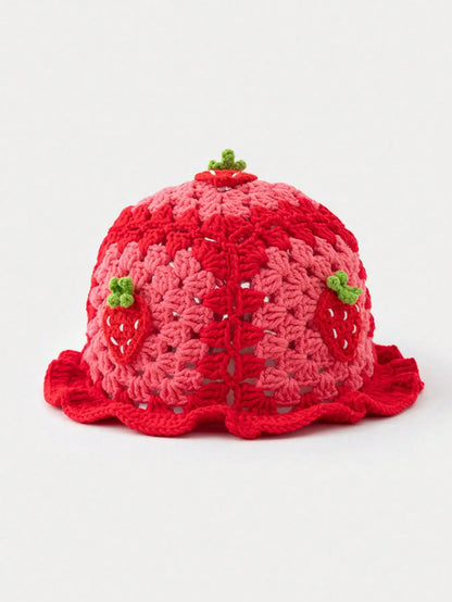 Cartoon Red Strawberry-Shaped Bucket Hat, Bohemian Style Handmade Crochet