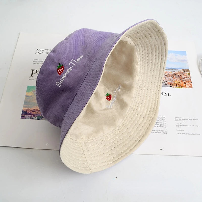 Lovely Embroidery Strawberry Sun Hats Casual Embroidery Bucket Hats for Woman