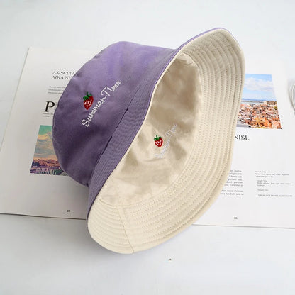 Lovely Embroidery Strawberry Sun Hats Casual Embroidery Bucket Hats for Woman