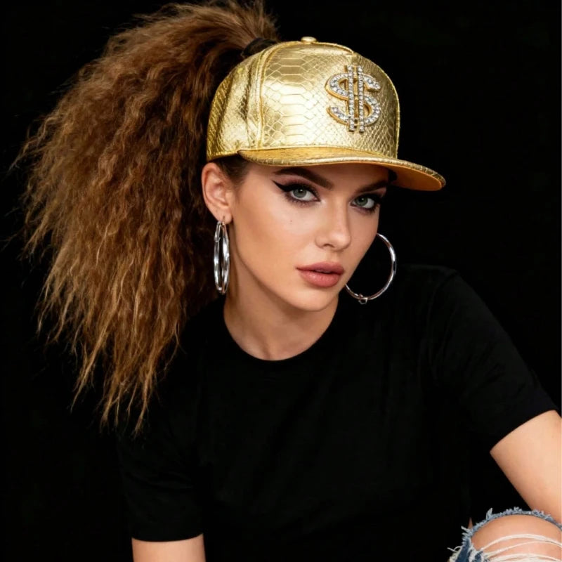 Gold Print Flat Brim Baseball Cap, West Coast Hip Hop