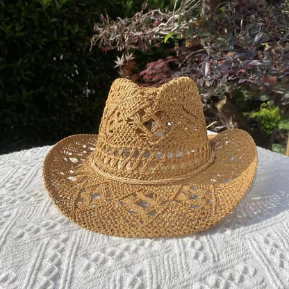 Western Cowboy Straw Hat Women Fashion Large Brim Straw Hat Breathable Outdoor