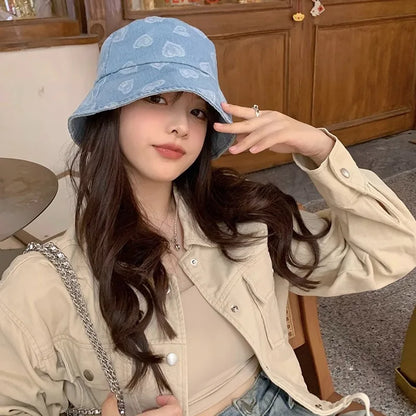 Love Heart Print Denim Bucket Hats for Women