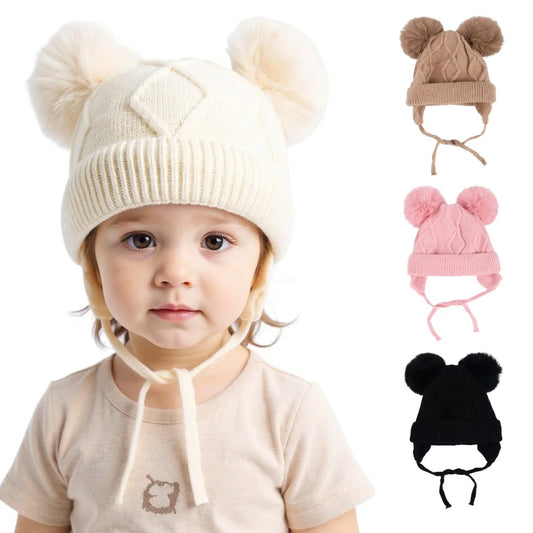 New Autumn Winter Double Ball Knitted Baby Hat For Girls Boys Baby, Ear Protection Hat