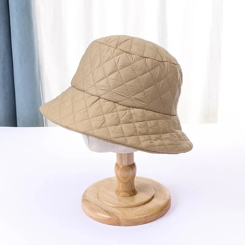Winter New Ultra Light Down Cotton Rhombus Fisherman Hat  Cap Cotton Jacket Warm Korean Casual y2k Pot Hat