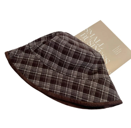 Autumn Winter Plaid Bucket Hat Korean Reversible Double Sided Hat