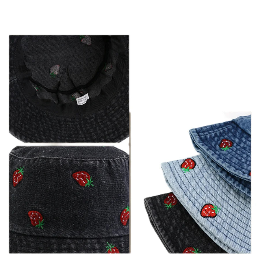 Spring Summer Strawberry Embroidery Denim  Bucket Hat