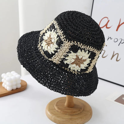 New Foldable Straw Crochet Flower Hat Women's