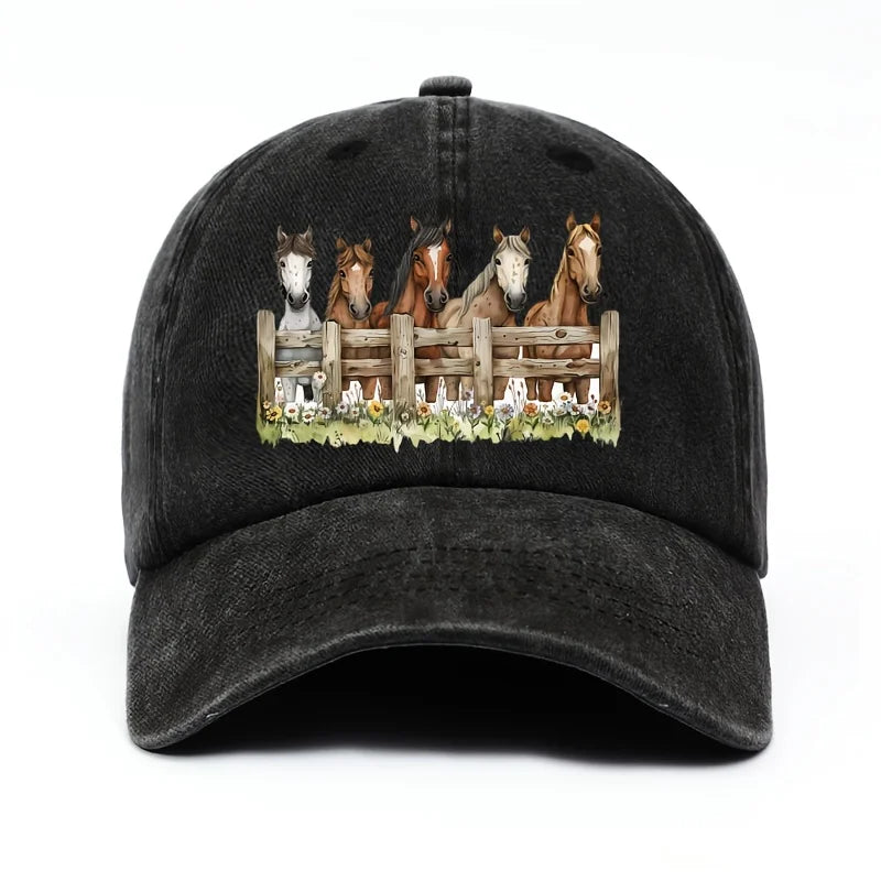 Horse Print Baseball Cap Unisex Cotton Adjustable Equestrian Style Outdoor Sports Hat