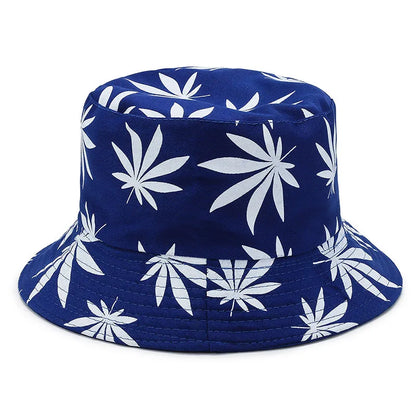 Unisex Double-sided Versatile Travel Sun Hats Fashionable Printed Flowerpot Hats Maple Leaf Fisherman Hat Black Color Simple Hat