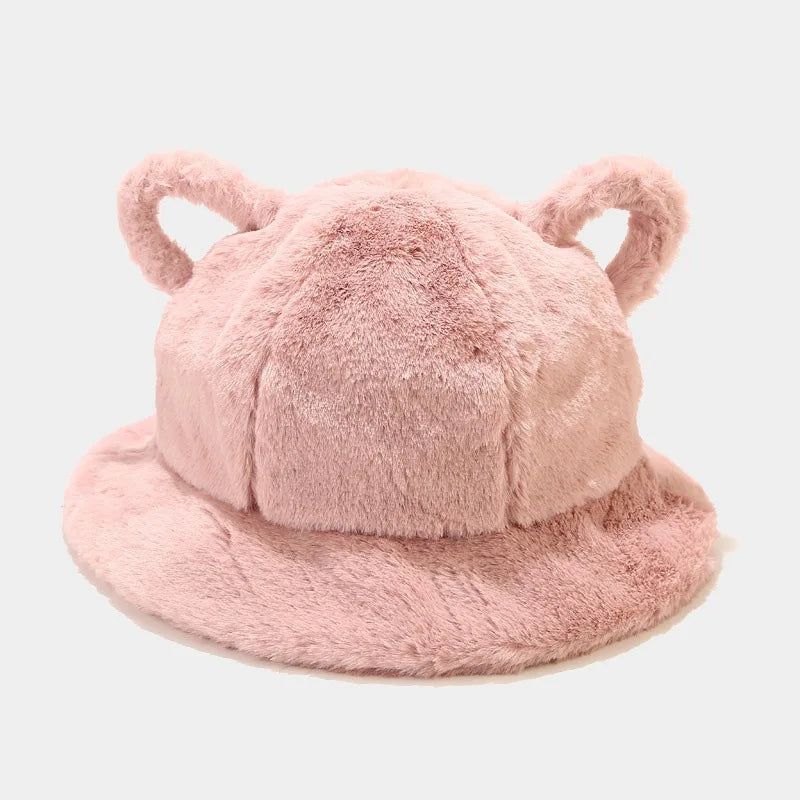 Women's Bucket Hat Winter Cute Cat Ear Plush Fisherman Cap
