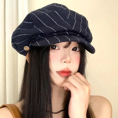 Harajuku Style Cotton And Linen Striped Berets