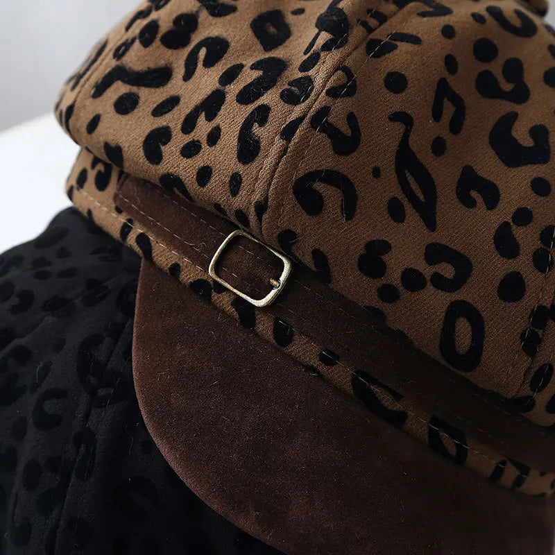 Retro Leopard Print Wide Brim Beret Vintage Painter Cap Hats