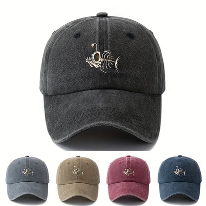 Fishbone Printed Baseball Cap Classic Retro Curved Brim Suitable for Outdoor Camping Trips