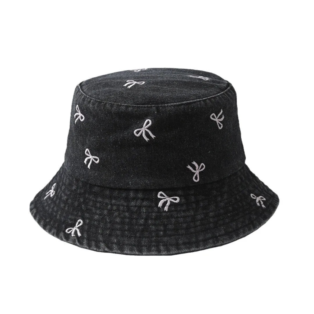 Emboridery Denim Bucket Hat Summer Travel Beach Sun Hats  for Women Men