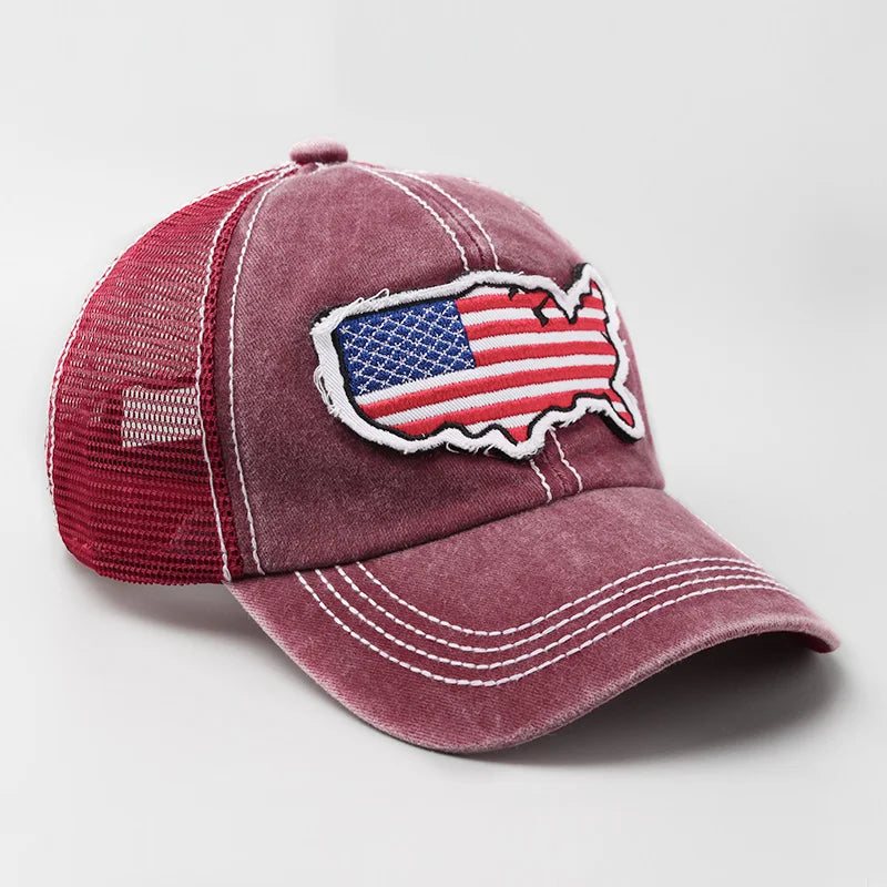 Mesh Trucker Hat Men Women USA American Flag Map