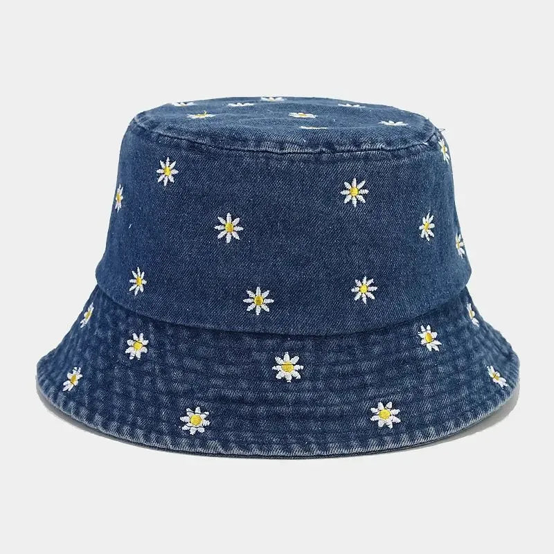 Daisy Embroidered Denim Fisherman Hats