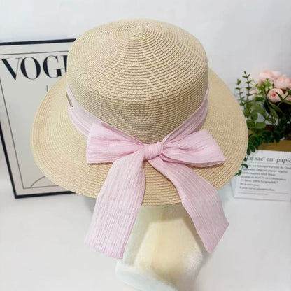 Bow Ribbon Flat Top Straw Hat For Women Summer Woven Straw Sun Hat