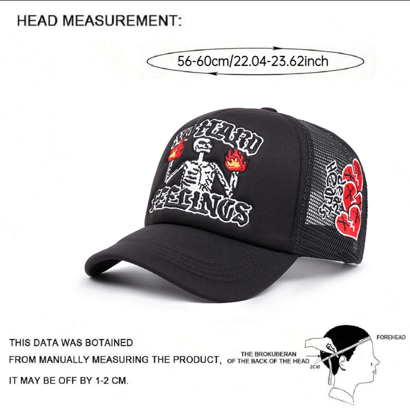 Fire Skull Rose Love Embroidery Trendy Hip Hop Hat Men's Outdoor Leisure Hat Women's