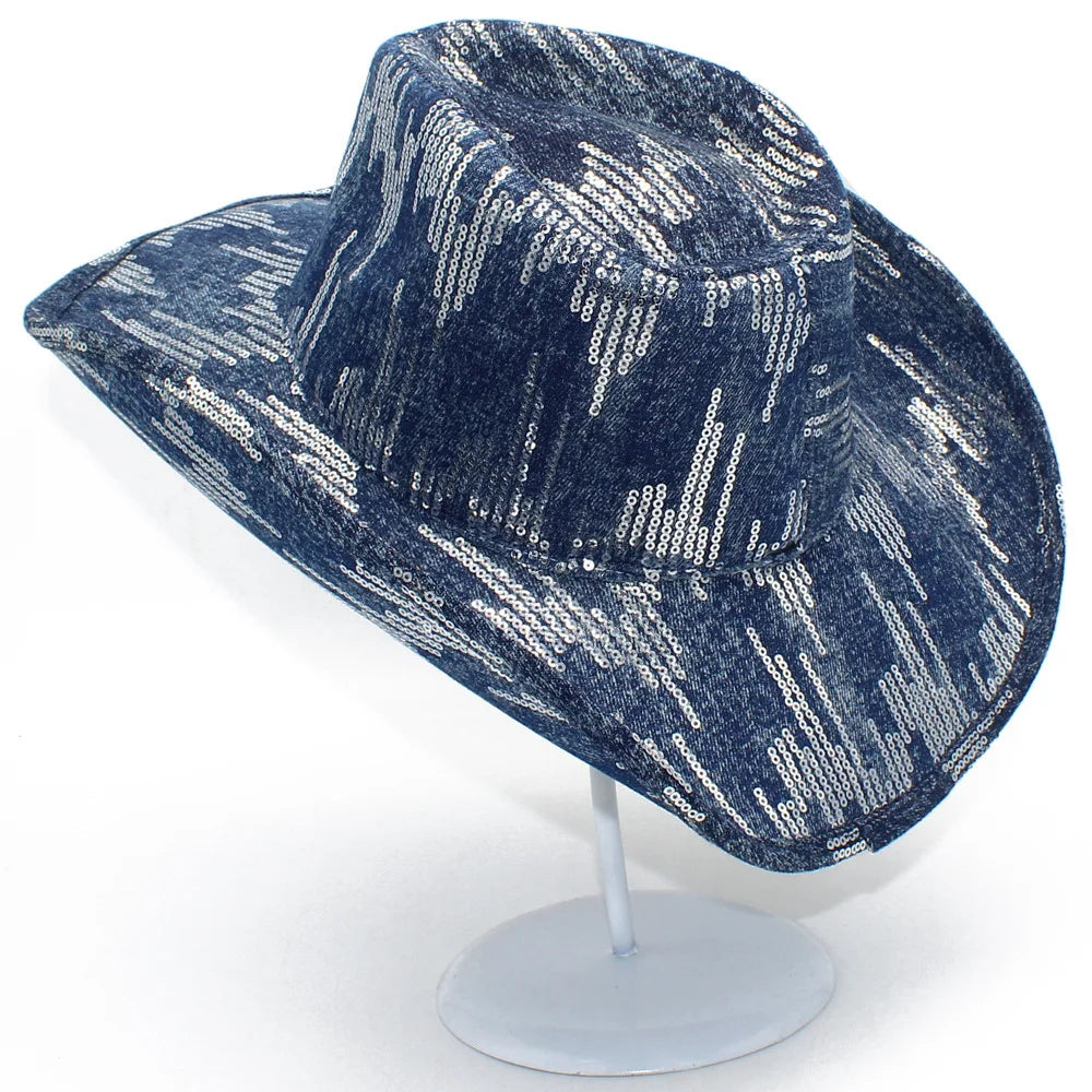 Western Blue Cowboy Hats Washed Denim Unisex Wide Curl Brim Jazz Hat