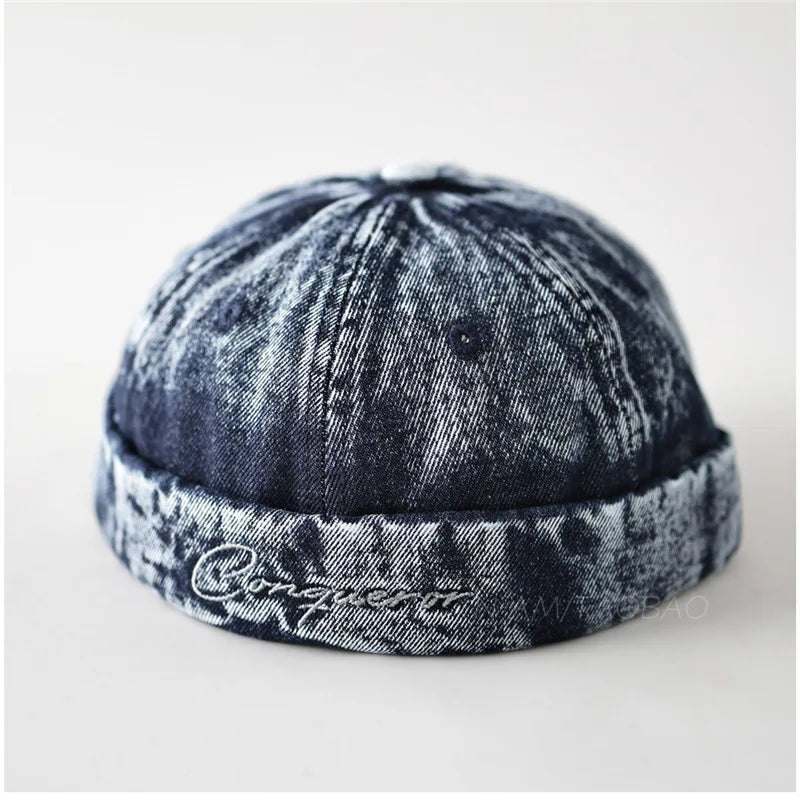 Retro Washed Denim No Brim Skullcap Unisex