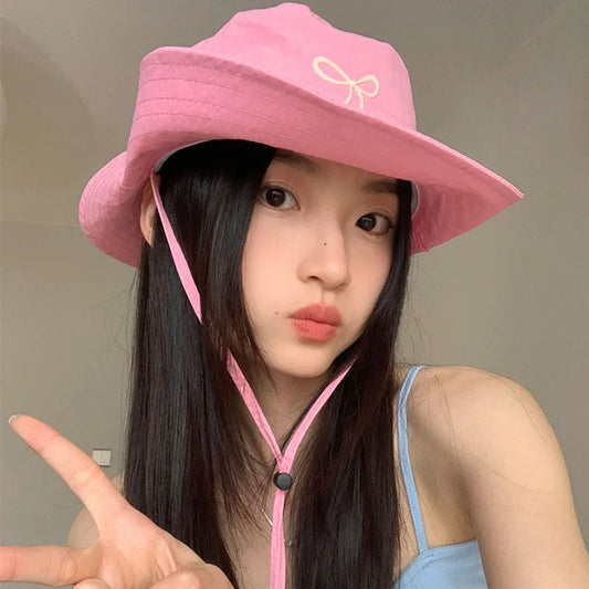 Bow Embroidery Women Quick Dry Bucket Hat Summer