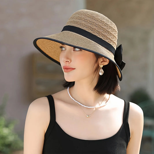 Summer Beach Straw Sun Hat Breathable French Style Bowknot Straw Hats