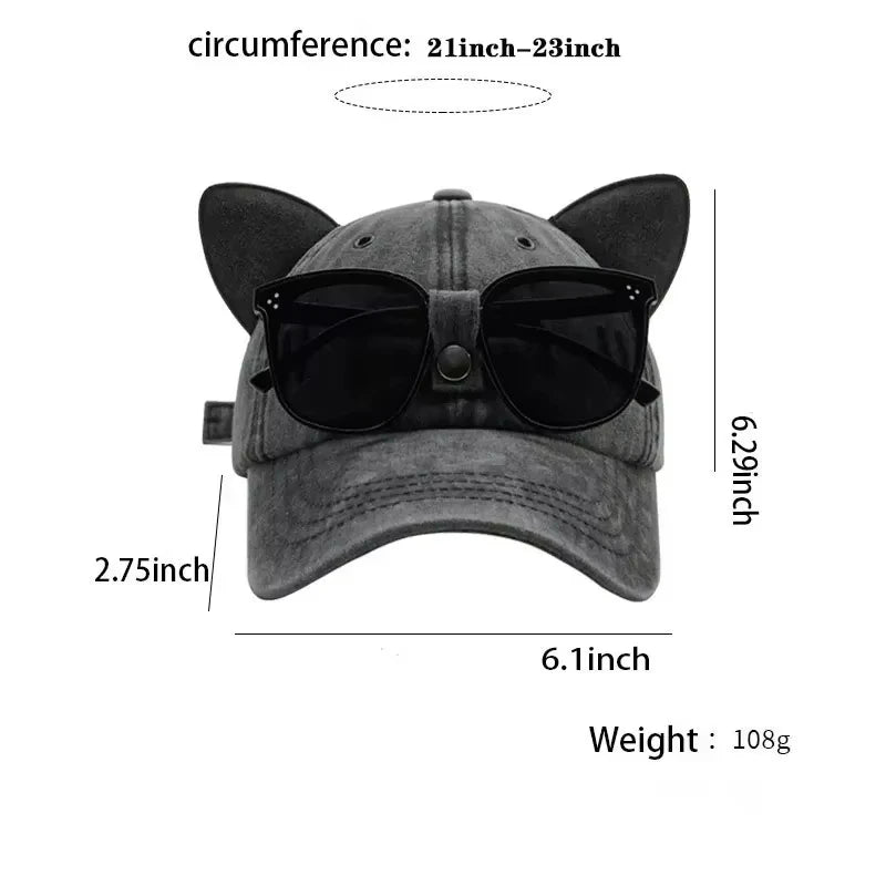 New Cute Cat Ears Pilot Hat With Glasses Baseball Cap