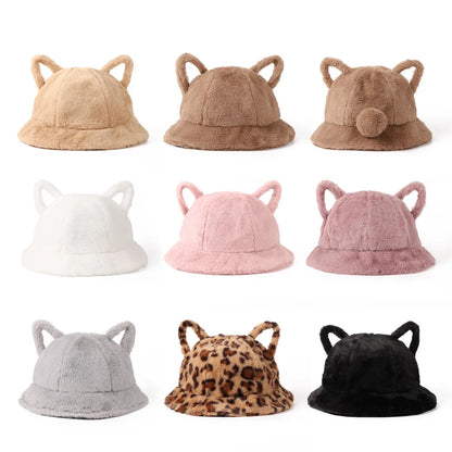 Women's Bucket Hat Winter Cute Cat Ear Plush Fisherman Cap