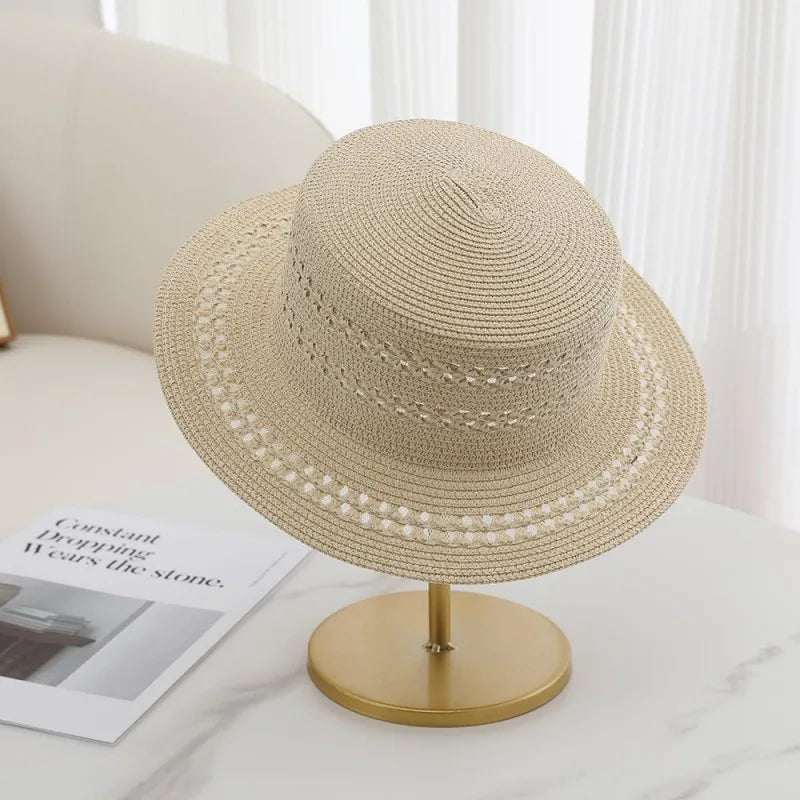Woven Flat-Top Straw Hat For Women Summer