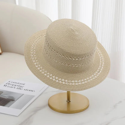 Woven Flat-Top Straw Hat For Women Summer