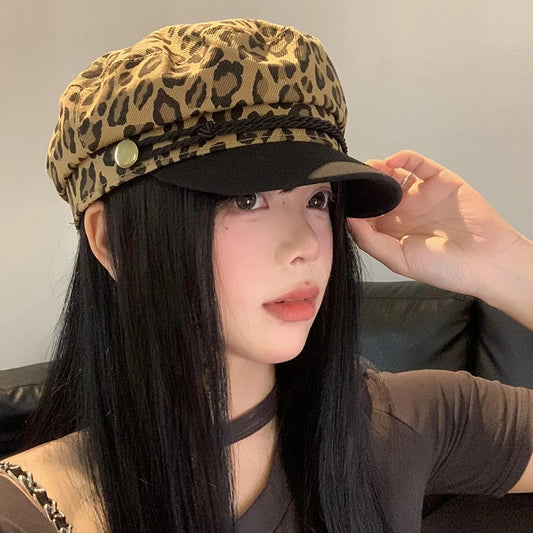 Women Leopard Berets Autumn Winter Vintage Octagonal Cap