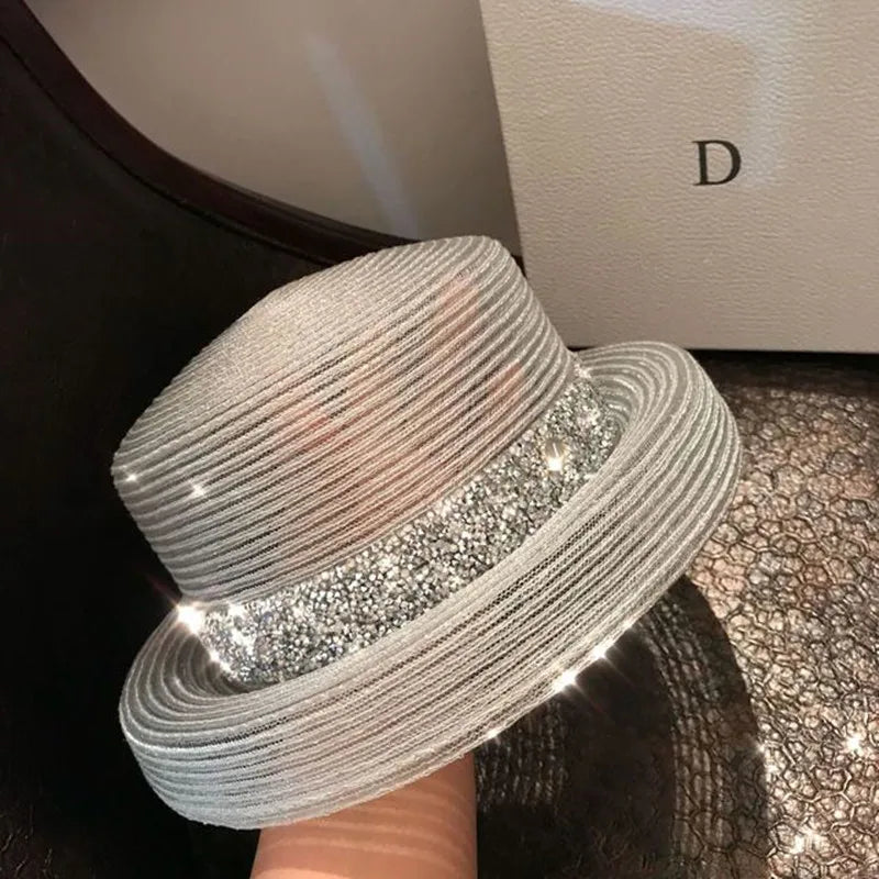 Woolen Rhinestone Solid Color Basin Hat Leisure Outdoor Beach Sun Hat