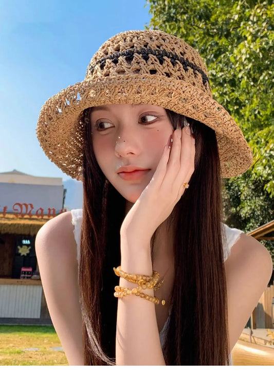 Striped Openwork Knitted Straw Hat Breathable Fisherman's Hat