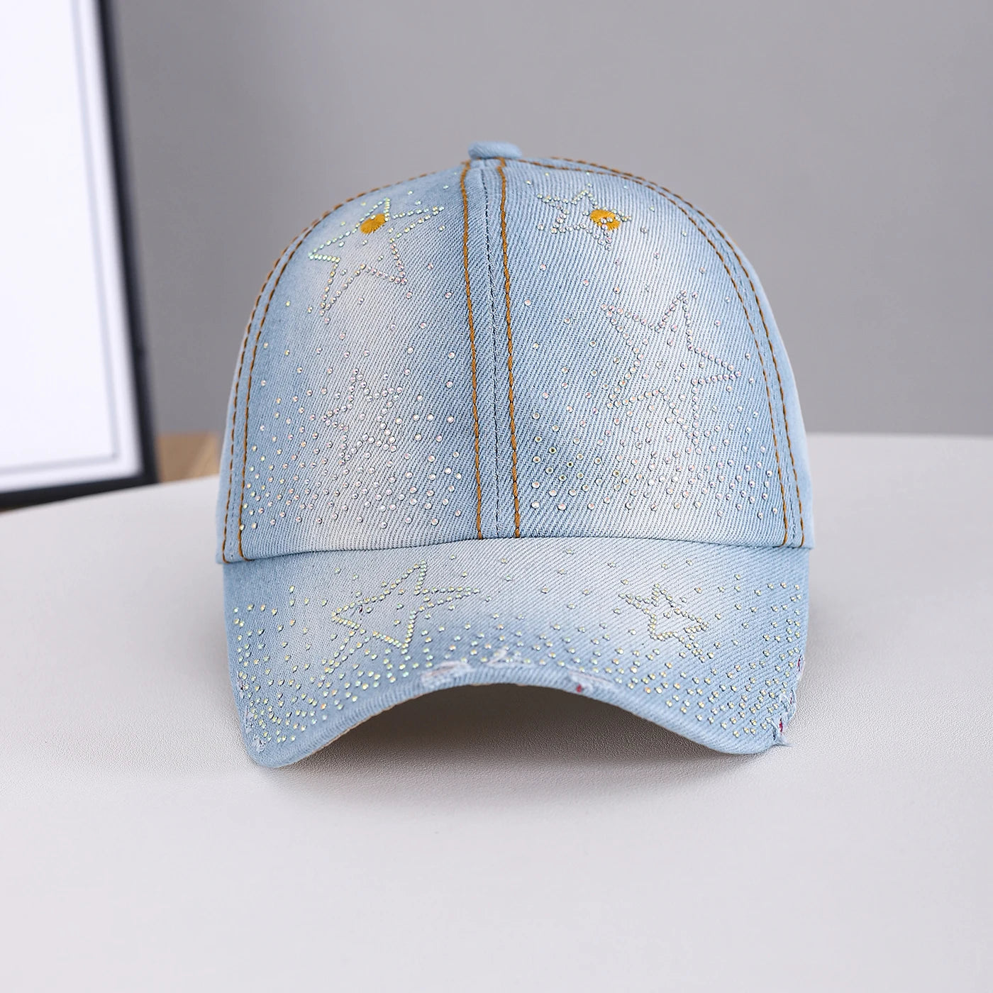 Rhinestone Five-Pointed Star Denim Distressed Baseball Cap