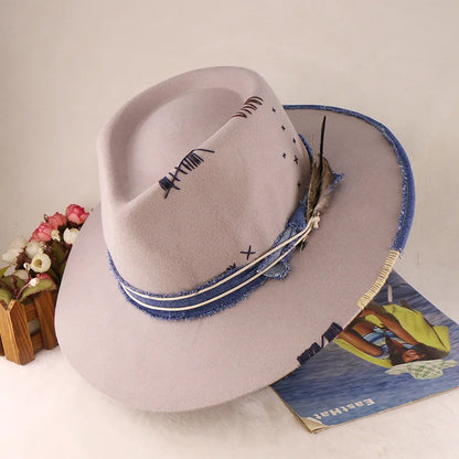 Braided Ribbon & Feather Trim Felted Jazz Cap For Autumn/Winter